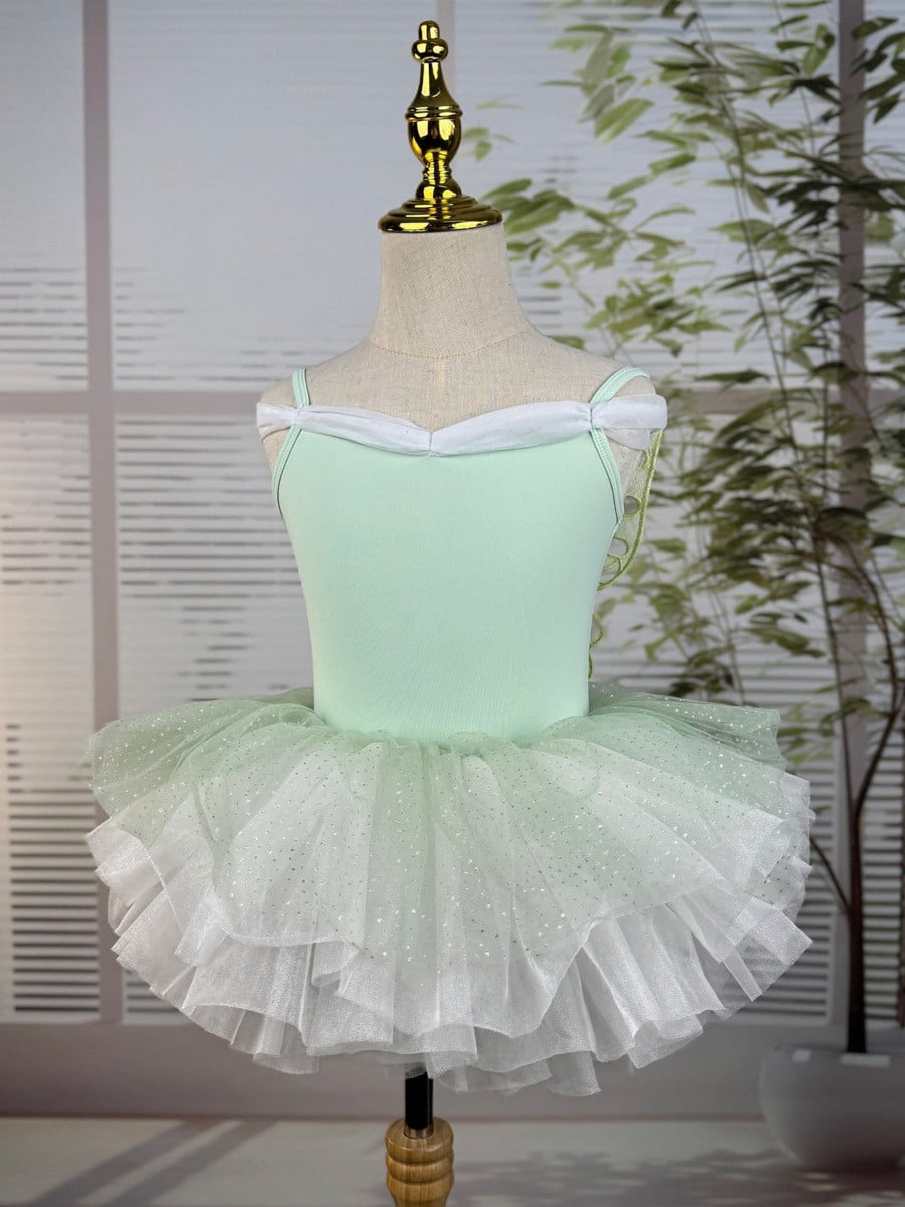 XDZJLR Combinaisons pour Filles Enfants Été Couleur Unie Robe d'Entraînement à la Danse Robe Bouffante Performance pour Enfants Vert Menthe 5-6 Ans
