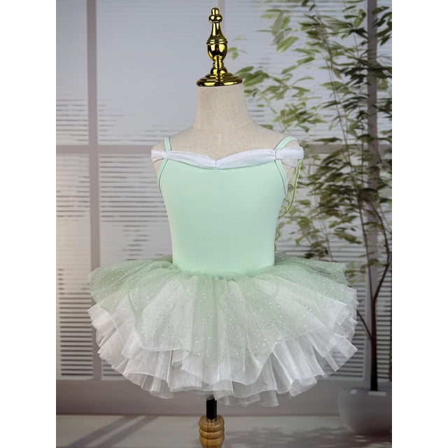 XDZJLR Girls Rompers Kids Summer Solid Color Suspender Dance Training Dress Children's Performance Puffy Dress Outfit Mint Green 5-6 Years