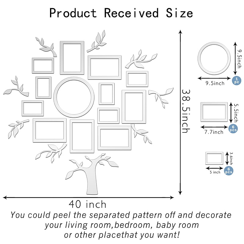 Acrylic Wall Stickers for Home Living Room Bedroom Decoration Tree and Word Pattern Silver 300x300mm 6pcs/set