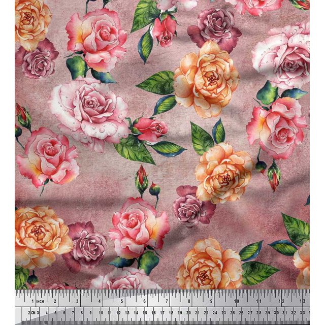 Soimoi Orange Rayon Fabric Leaves & Rose Flower Print Sewing Fabric BTY 56 Inch Wide