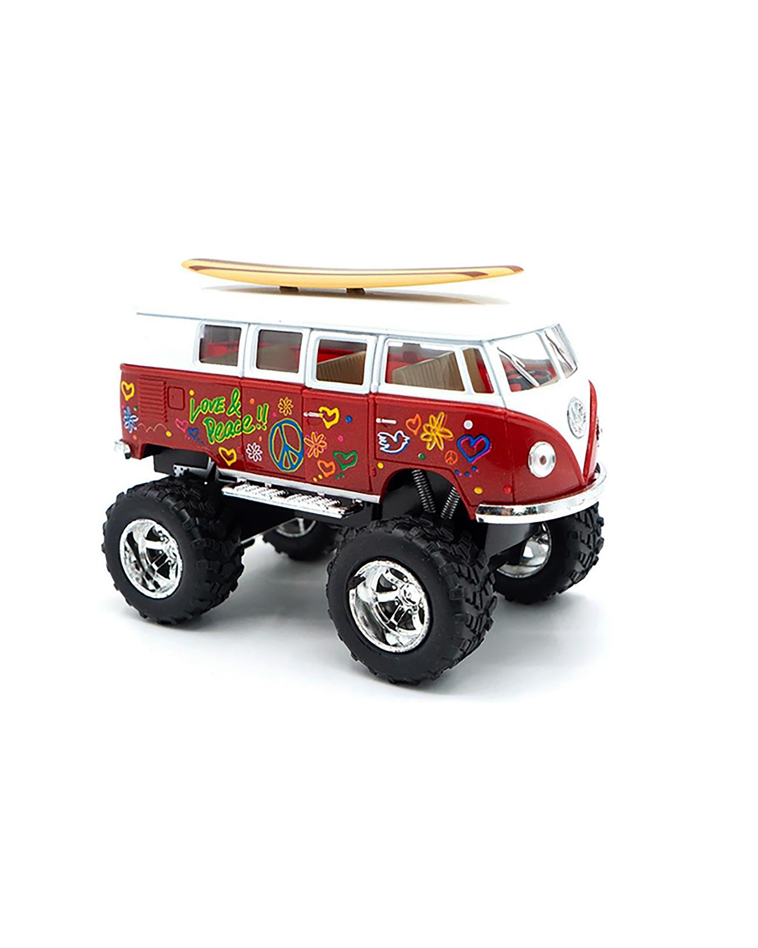 1962 VW Bus with Decal, Surfboard & Monster Wheels Diecast Model Toy