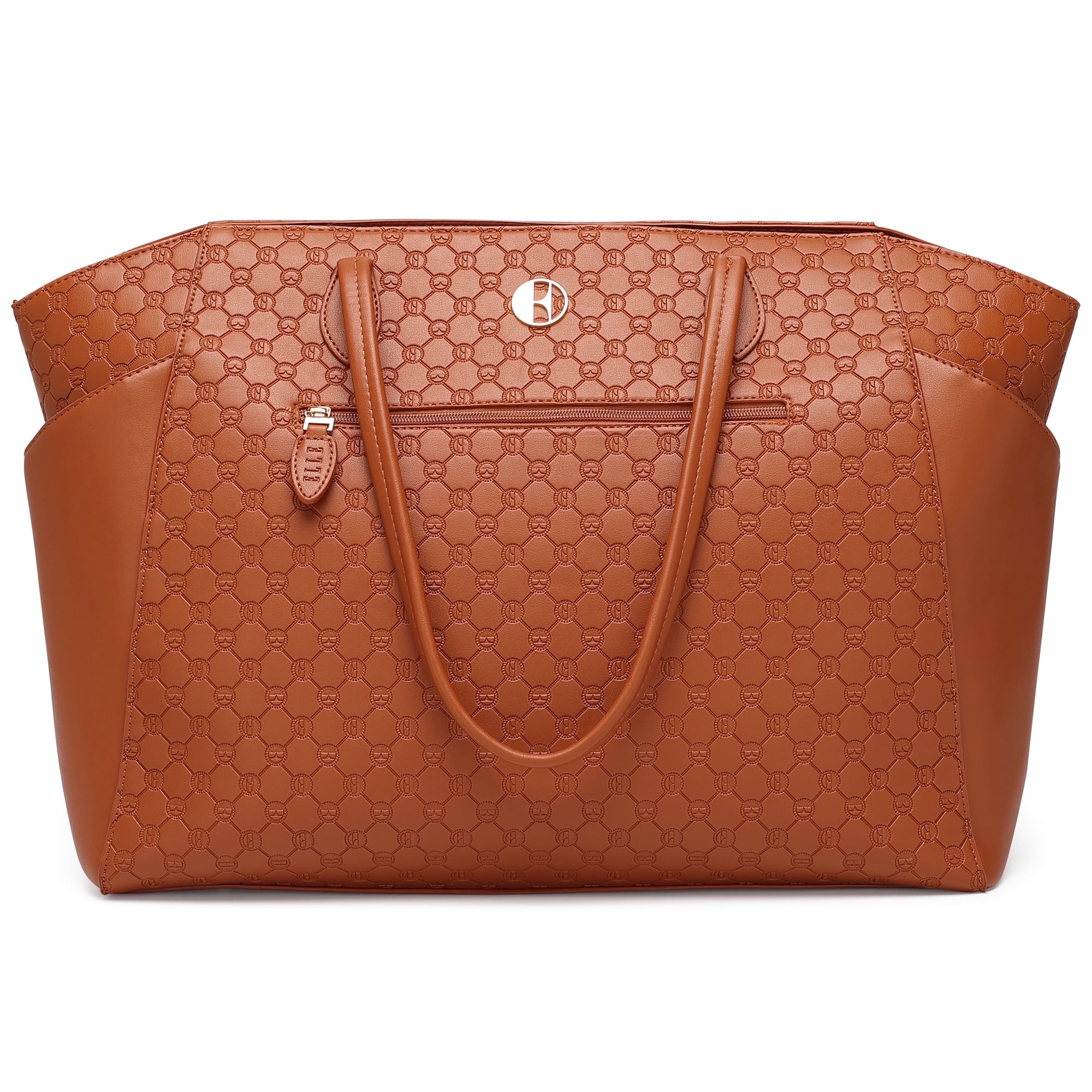 ELLE Compass 32L Vegan Leather Monogram Weekender Tote Bag | Brown