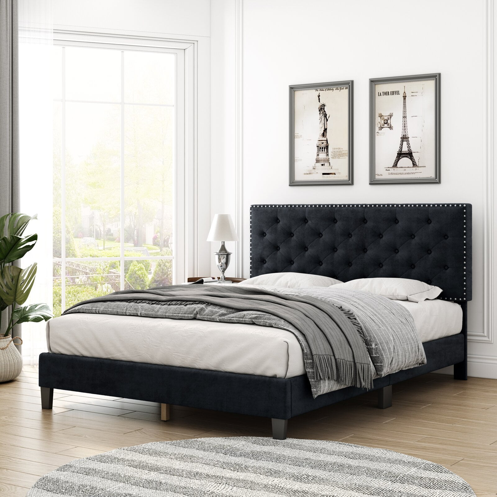 Homfa Queen Size Bed, Modern Upholstered Platform Bed Frame With Adjustable  Headboard For Bedroom, Black - Walmart.Com