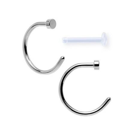 Horn Ring Retainer - Pack of 2 Surgical Steel Nose Hoop Rings Silver Tone and a Nose Acrylic Retainer (20 Gauge)