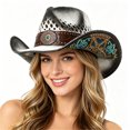 thumbnail image 5 of LILIYA Western Cowboy Hat for Women, Wide Brimmed Cowgirl Headwear with Decorative Band, Classic Western Felt Hat, Breathable Adjustable Sun Protection Headwear, 5 of 8
