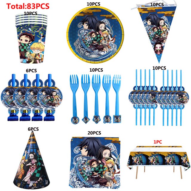Demon Slayer Kamado Nezuko juego de decoración de fiesta temática, suministros, taza de papel, plato, cuchara de tejido, globo para Baby Shower, cumpleaños de niña