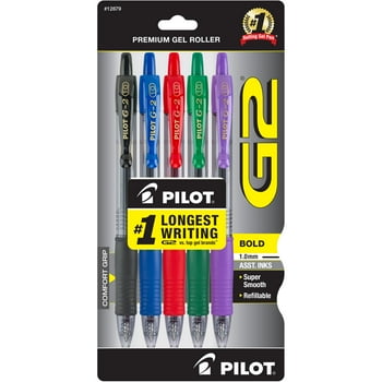 Pilot G2 Retractable Gel Ink Pens, Bold Point, Asst, 5 Pack, 539990980