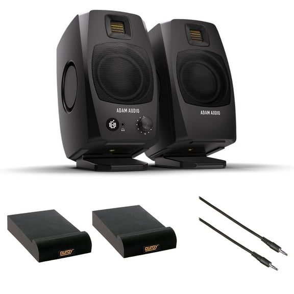 Adam Audio D3V(Black) Active Desktop Monitoring System Bundle with 2x Auray IP-S Isolation Pad for Studio Monitor and Comprehensive Stereo Mini Male to Stereo Mini Male Cable -6'