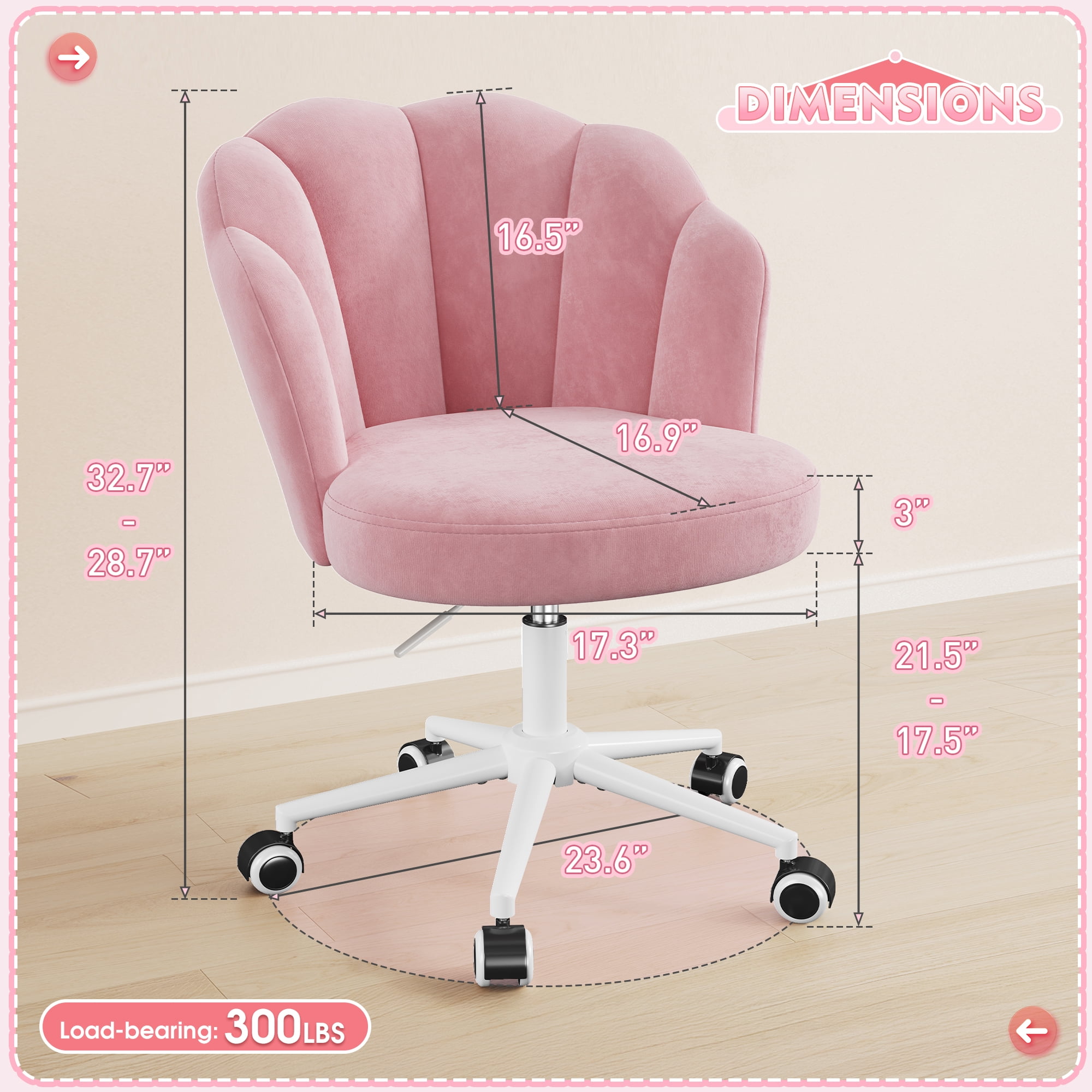 Romorgniz Velvet Vanity Chair with Petal Backrest Height Adjustable Desk Chair with Wheels Seashell Makeup Chair for Bedroom, Pink