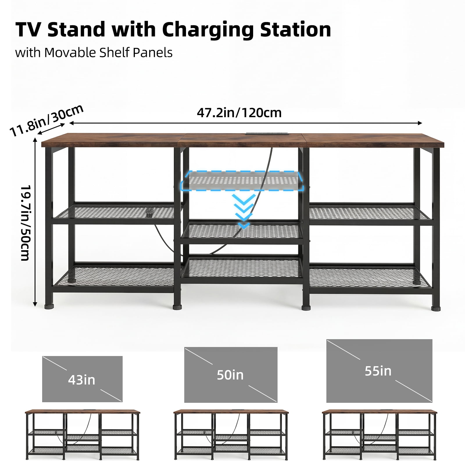 Tomnk 55 Inch TV Stand, Entertainment Center with Power Outlet & LED Lights, Open Storage Shelf Media Console Table for Living Room, Rustic Brown