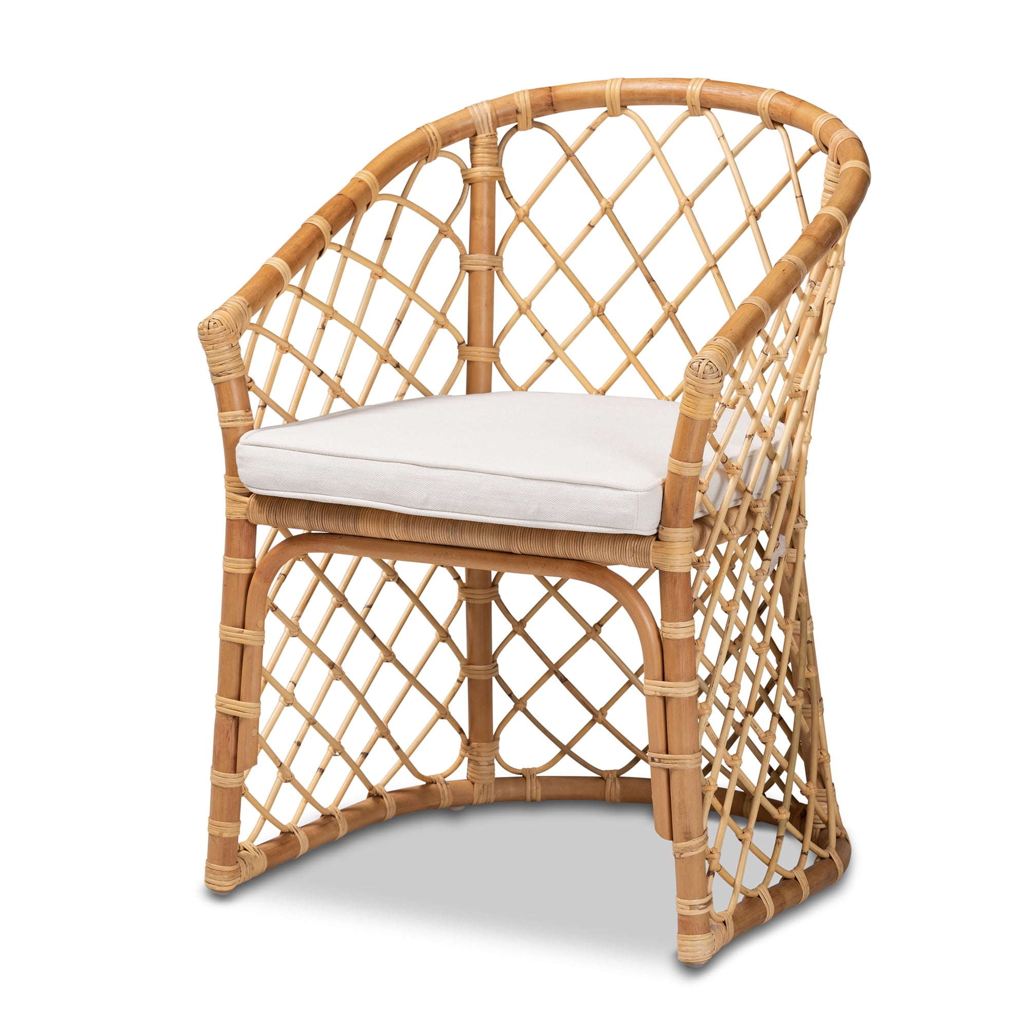 bali & pari Orchard Modern Bohemian White Fabric Upholstered and Natural Brown Rattan Dining Chair