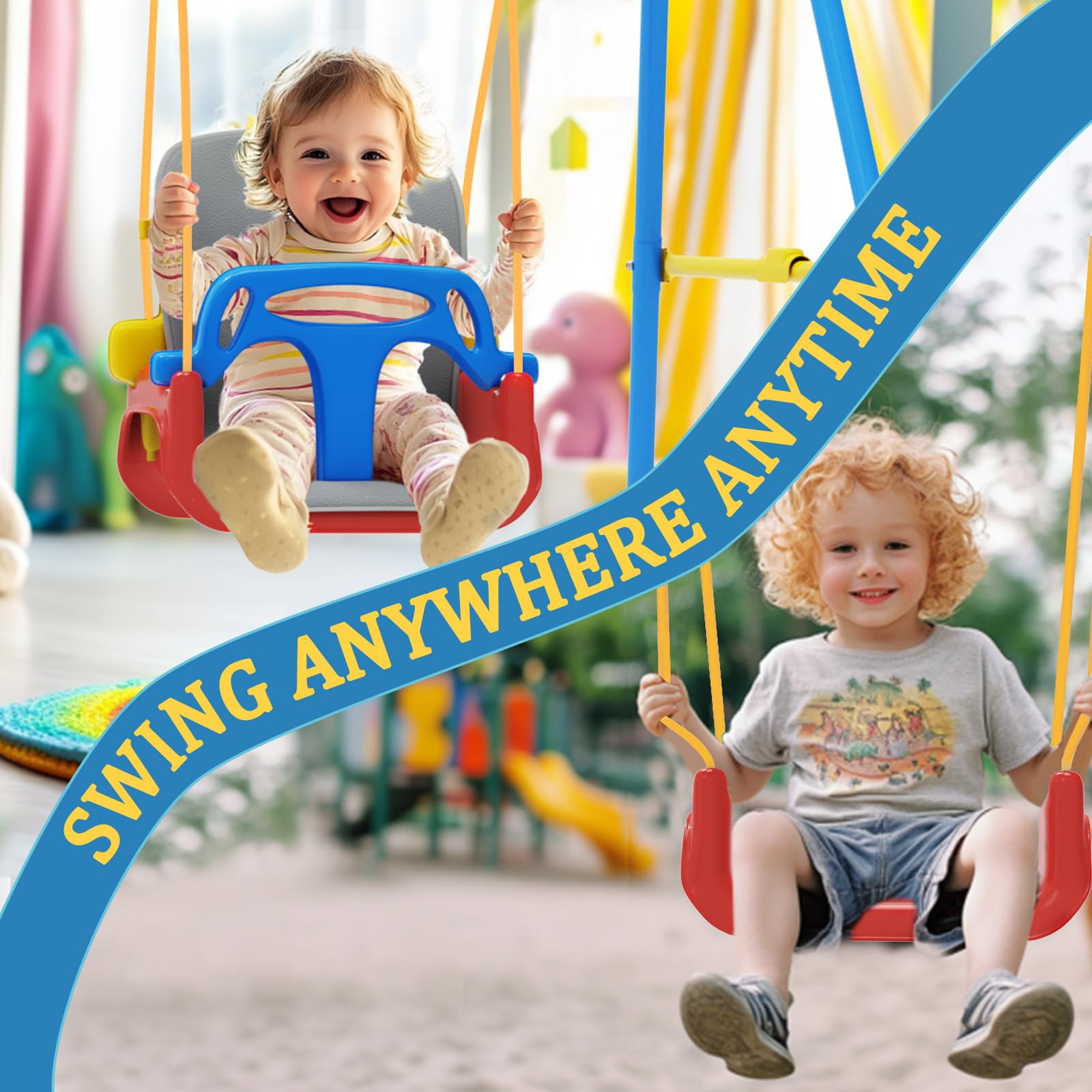 G TALECO GEAR Foldable Toddler Swing with Soft Cushion, 2 in 1 Swing Sets for Backyard, Blue
