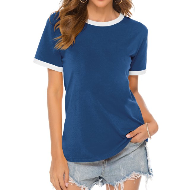 Women White Border Tee Crew Neck Short Sleeve Plain Top