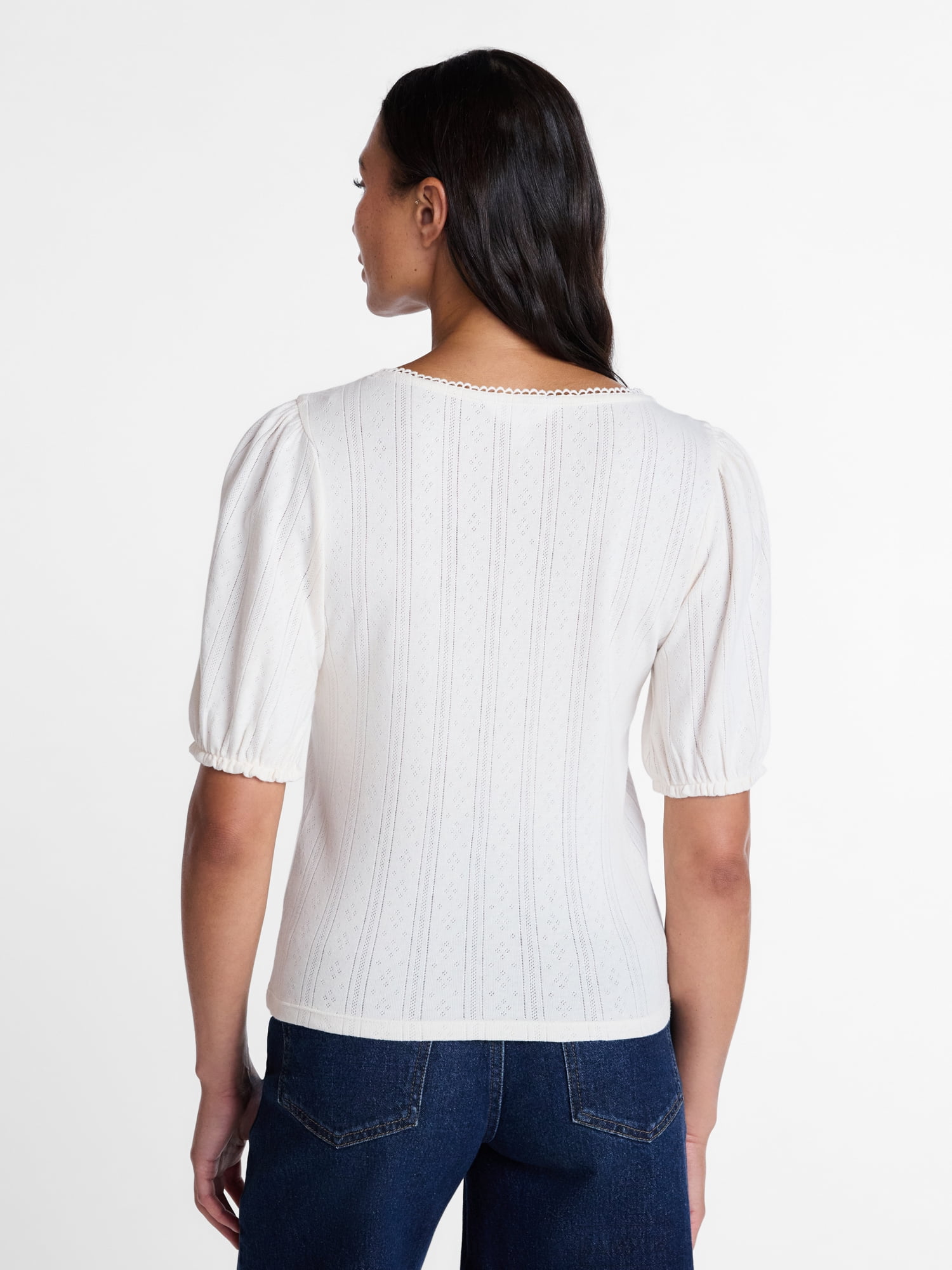 Time and Tru Women's Pointelle Top with Short Sleeves, Sizes XS-XXXL