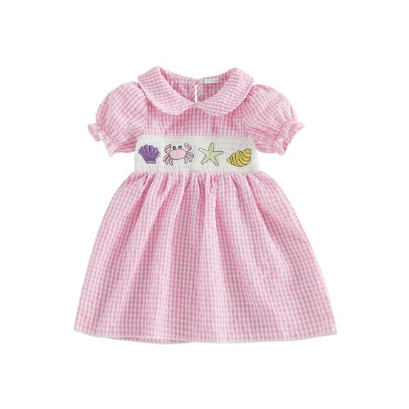BemeyourBBs Toddler Baby Girl Summer Plaid Gingham Smocked Dress 6 12 18 24 Months 2 3 4 Years Puff Short Sleeve Cute Crab Starfish Embroidery Doll Collar A-Line Summer Beach Holiday Party Dress