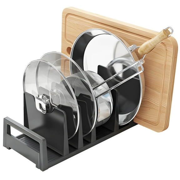 Kitchen Metal Pot Lid Organizer with 6 Slots, Countertop Cutting Board Rack, Aluminum and ABS Pot Lid Organizer for Countertops and Cabinets