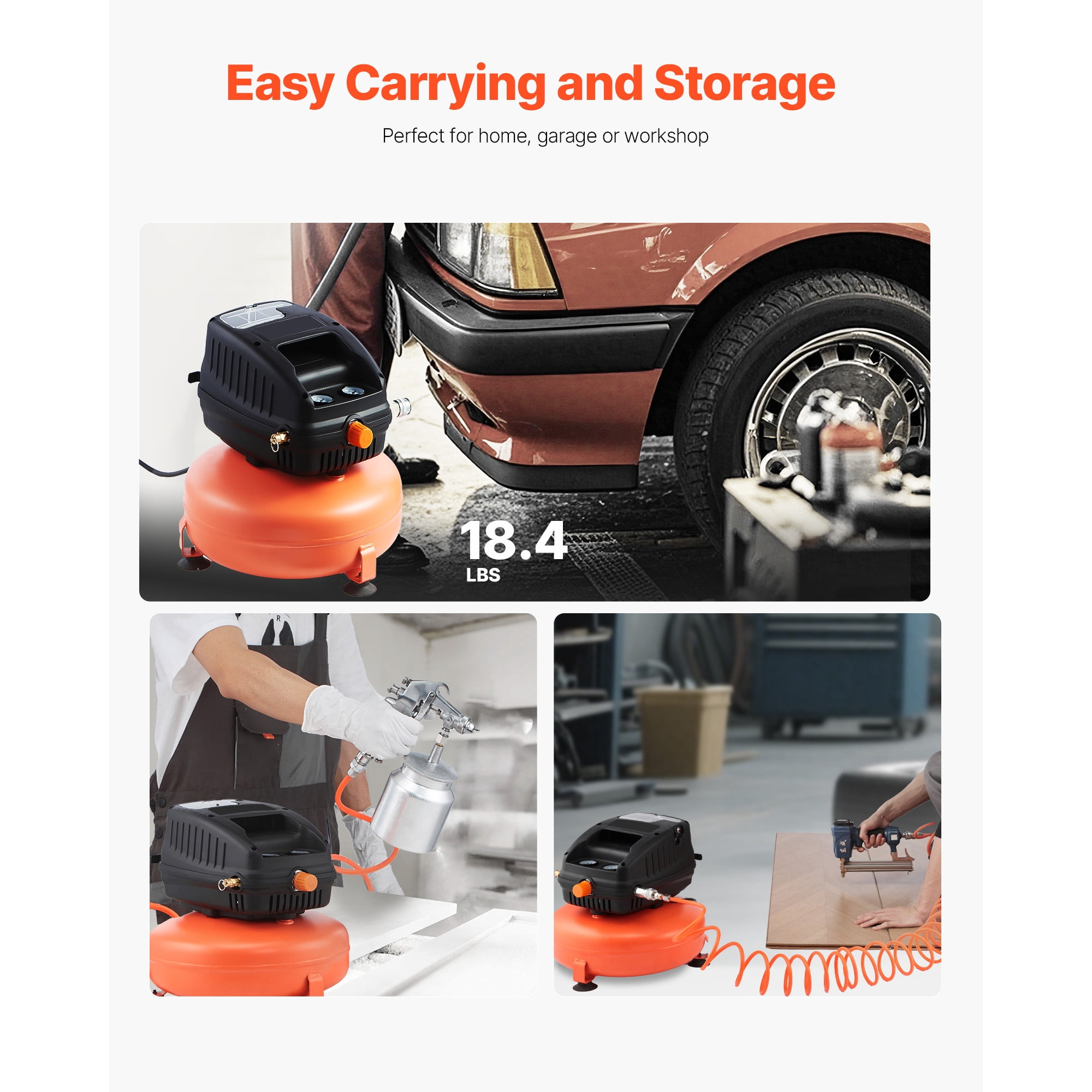 KFFKFF 3 Gallon Portable Air Compressor, 1/3HP 0.54CFM @ 90PSI Pancake Compressor with 100PSI Max Pressure, Oil-Free Tank for Tire Inflation, Painting, and Woodworking, 120V