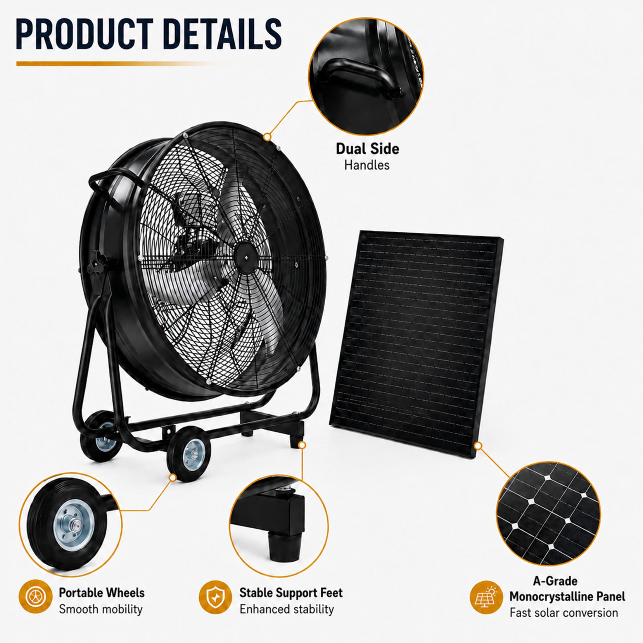 Noble House 30" Wheeled Solar Barrel Fan, 140W Adjustable Panel High Airflow Industrial Worksite Ventilator, Black