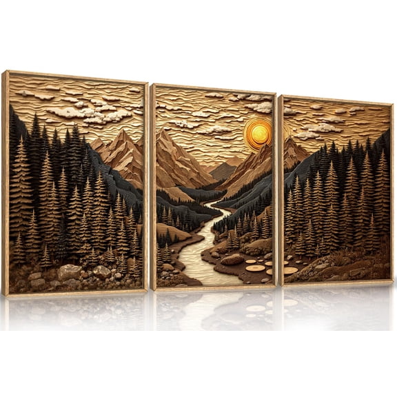 UNFFRAMED Luvia Set of 3 Abstract Landscape Mountain Poster Wall Art, Vibrant Sun and Forest River Wilderness Scenery Prints for Living Room, Bedroom, or Office Set 3 Prints 8x12