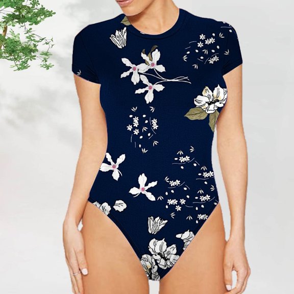 Aloohaidyvio Bodysuits Pants Large,Womens Floral Printed High Elastic Tight Short Sleeved Round Neck Jumpsuit