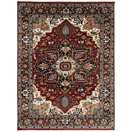 EORC Red / Navy Hand Knotted Wool Traditional Serapi Rug, 9' x 12'-Color:red / navy,Material:Wool