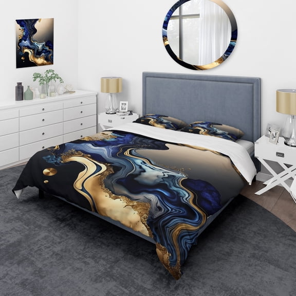 Designart "Blue-Marbled Geode Abstraction III" Abstract Liquid Ink Bedding Covert Set - Modern Blue Abstract Bed Set With 2 Shams