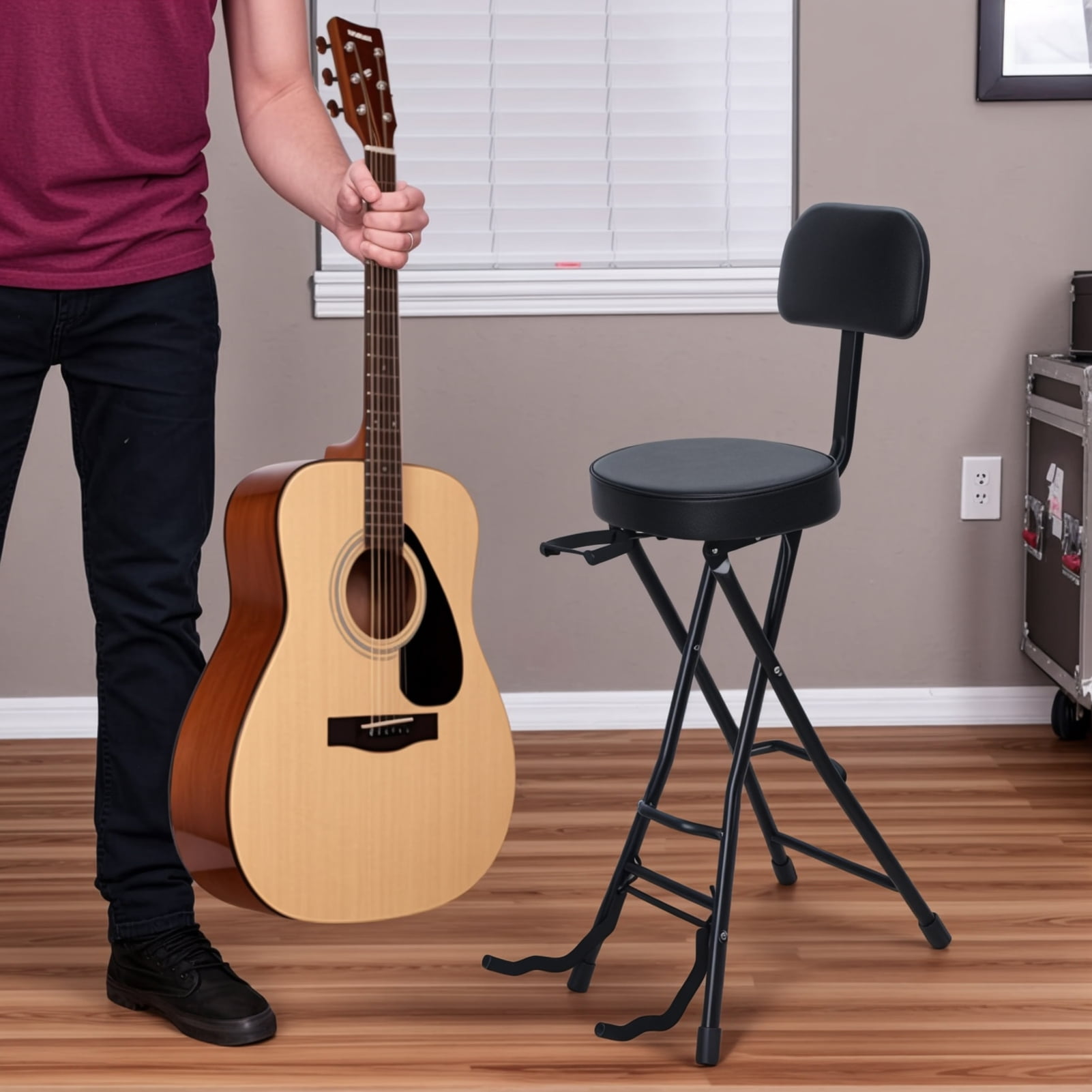 Adjustable Guitar Seat with Built-In Stand, EVA Foam Padded Cradles, Removable Backrest, Non-Slip Rubber Feet, Collapsible Design – Fits Acoustic, Electric & Bass Guitars