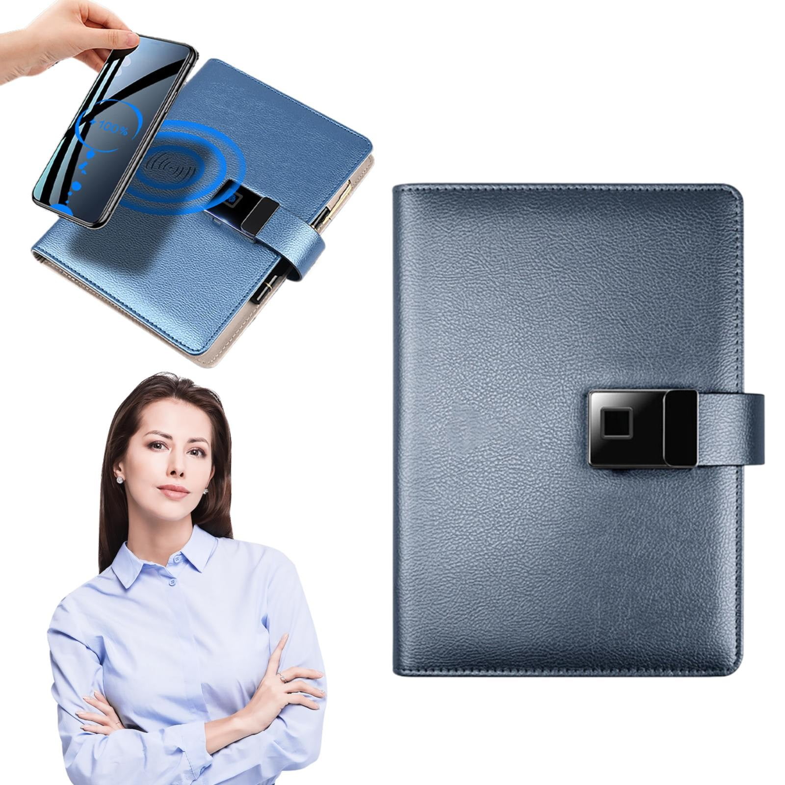 Pedty Leather Notebook with Fingerprint Lock Dark Gray,Intelligent Fingerprint Unlocking Notebook Mobile Wireless Charging Student Notebook A5 Loose Business Notebook,
