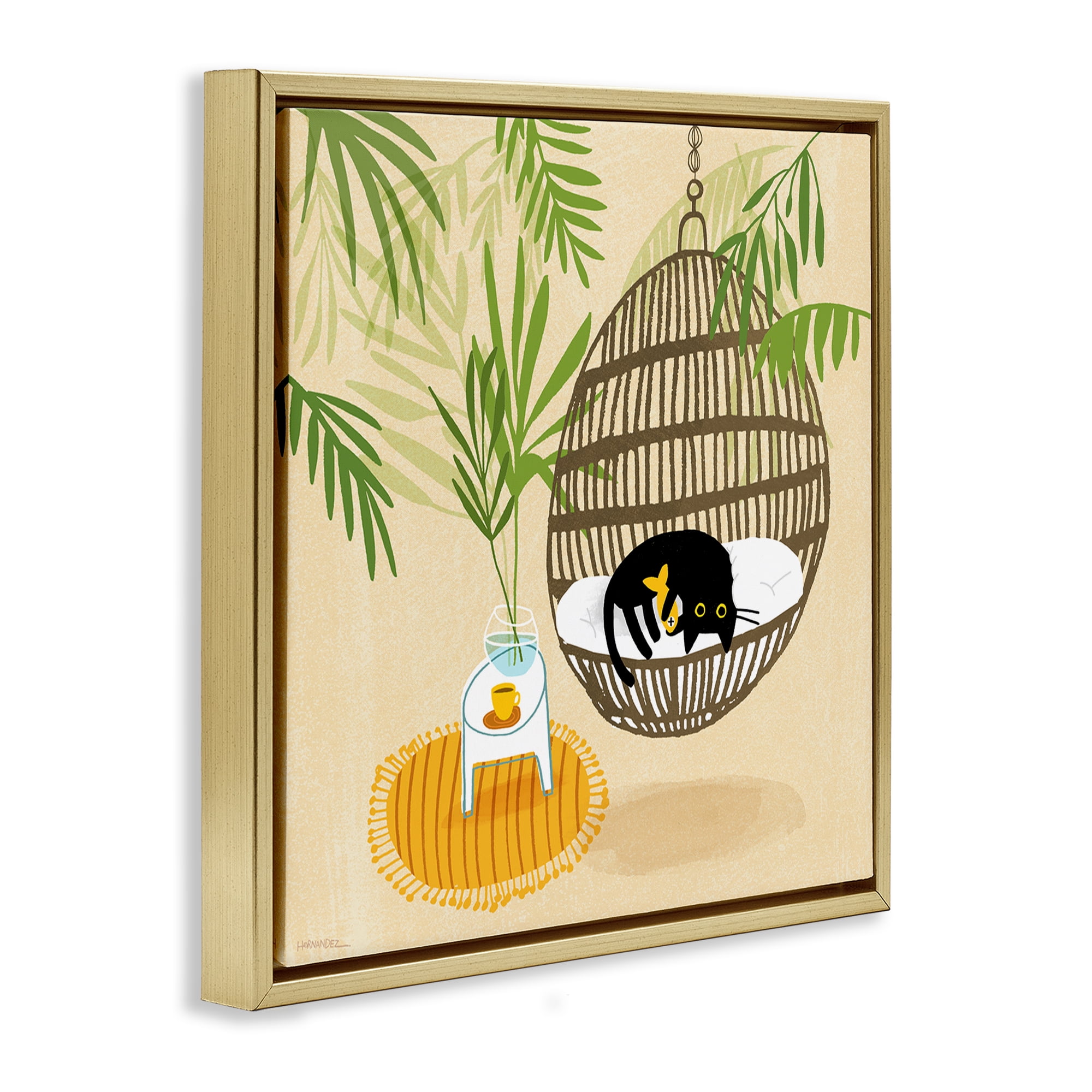Stupell Industries Sleepy Cats on Porch Swing Animals Painting Gold Floater Framed Canvas Art Print Wall Art, 25 x 25