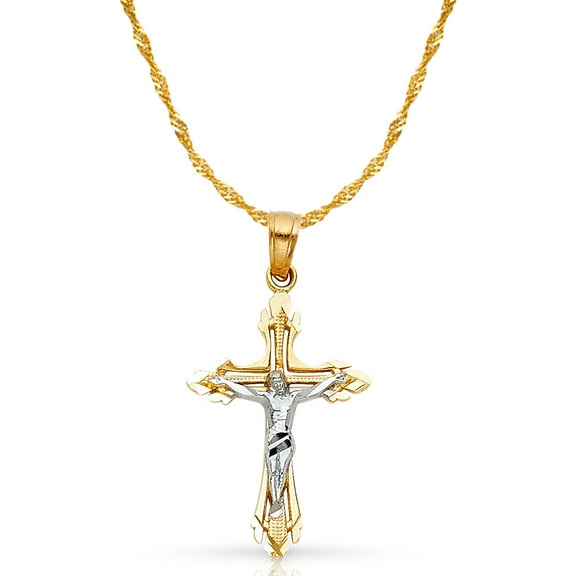 14K Two Tone Gold Jesus Crucifix Cross Pendant with 1.2mm Singapore Chain Chain Necklace