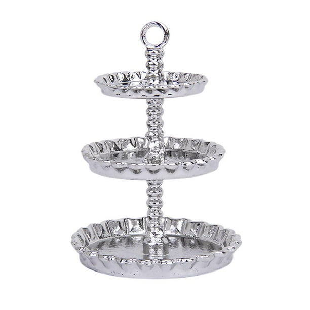 Soporte metálico vacío de 3 niveles para pasteles y comida, accesorios en miniatura para casa de muñecas Plata