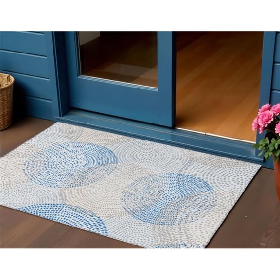 HomeRoots 577355 3 x 5 ft. Polka Dot Washable Indoor & Outdoor Rectangle Area Rug, Ivory, Blue & Taupe