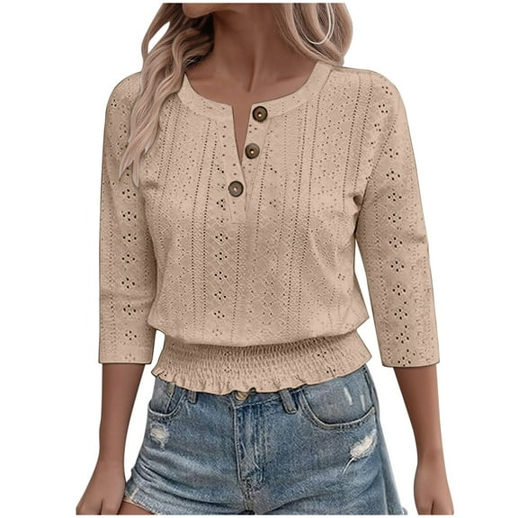 SnZhen Women's 3/4 Sleeve Tops Fashion Ladies Crew Neck Button Cropped Sleeve T-shirt Top Beige L