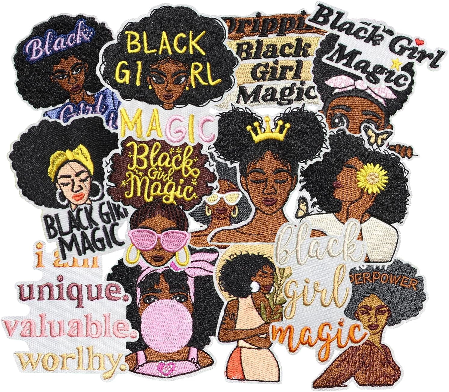 15PCS Black Girl Magic Iron on Patches, Inspirational Afro Girl Embroidered Applique Set with Empowering Quotes and Designs for Clothing, Hats, Backpacks, Jackets, DIY Crafts