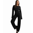 thumbnail image 3 of Women'S Round Neck Flare Sleeve Top and Straight Leg Pants Two Piece Set Casual Loungewear Sporty Black S, 3 of 9