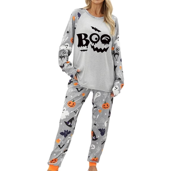 XIYON Halloween Pajamas Set for Women Cute Print Sleepwear Cozy Long Sleeve and Long Pant Two Piece Pajama Set Soft Loungewear Nightwear Comfy Homewear