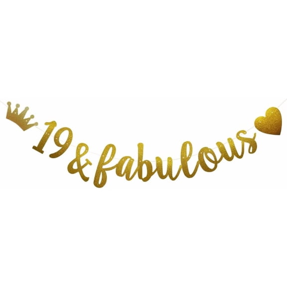 19 & Fabulous Banner, Pre-Strung, Funny Gold Paper Glitter Party Decorations for 19th Birthday Party Supplies, Letters Gold