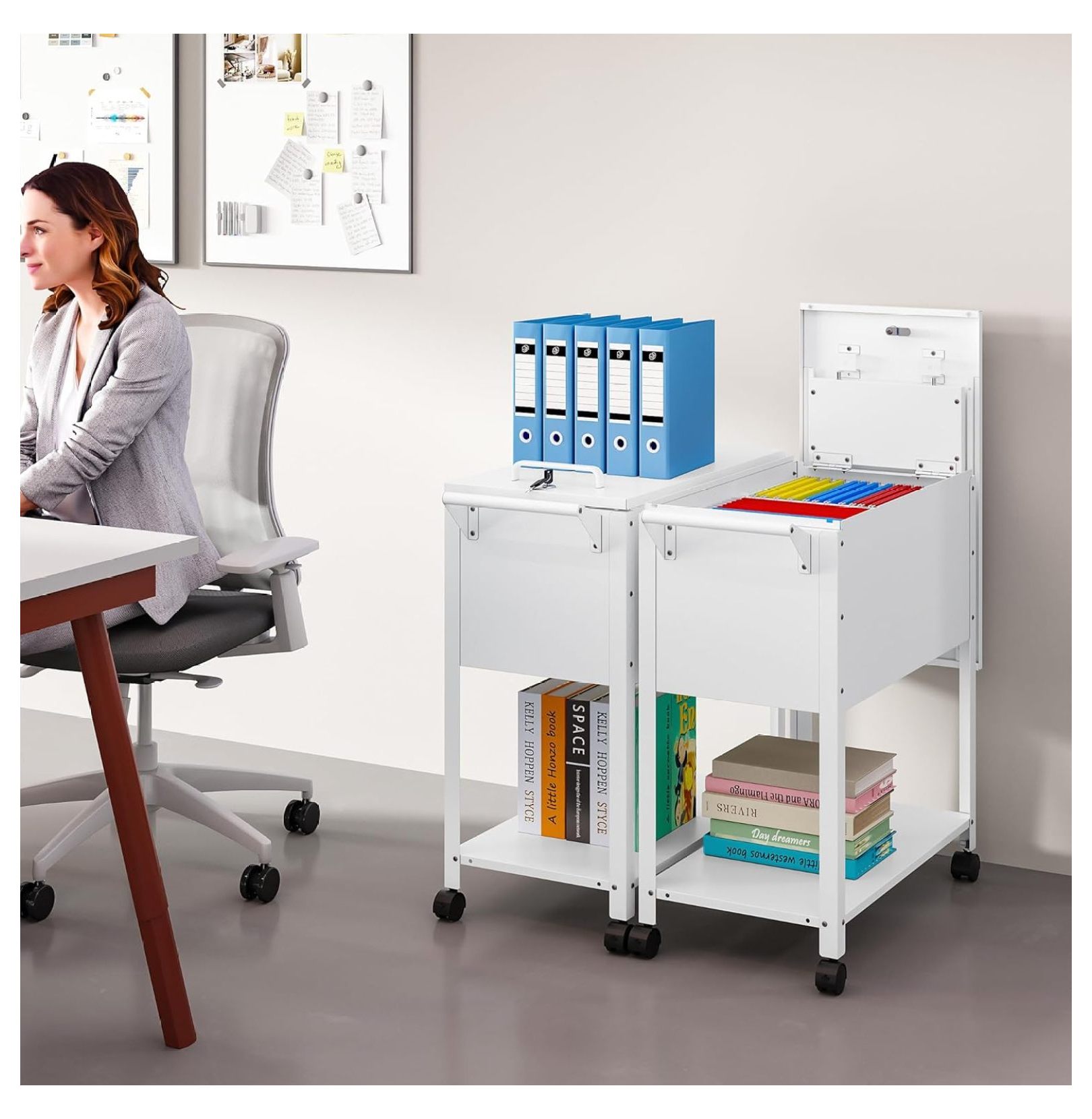 Rolling File Cart with Wheels Hanging Files,Rolling File Cabinet Organizer,Rolling Hanging File Folder Cart on Wheels,Metal Filing Cart,Fit A4/F4/Letter/Legal File for Home Office (White)