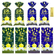 Eid Mubarak Gift Candy AIF4Gift Bags with Twist Pcs Blue and Green Ramadan Eid Mubarak Party Cellophane Treat Bag Pelita Mosque Moon Star Goodie Cookie Bags for Muslim Islam Eid Iftar Favor Bag