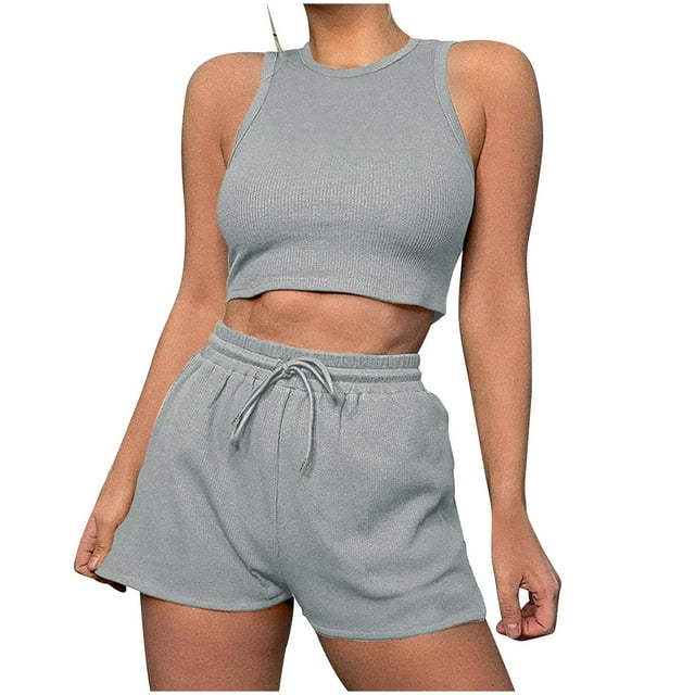 ShomPort Womens 2PC Matching Set Sleeveless Round Collar Crop Tops High Elastic Waisted Drawstring Shorts Comfort Athletic Outfits