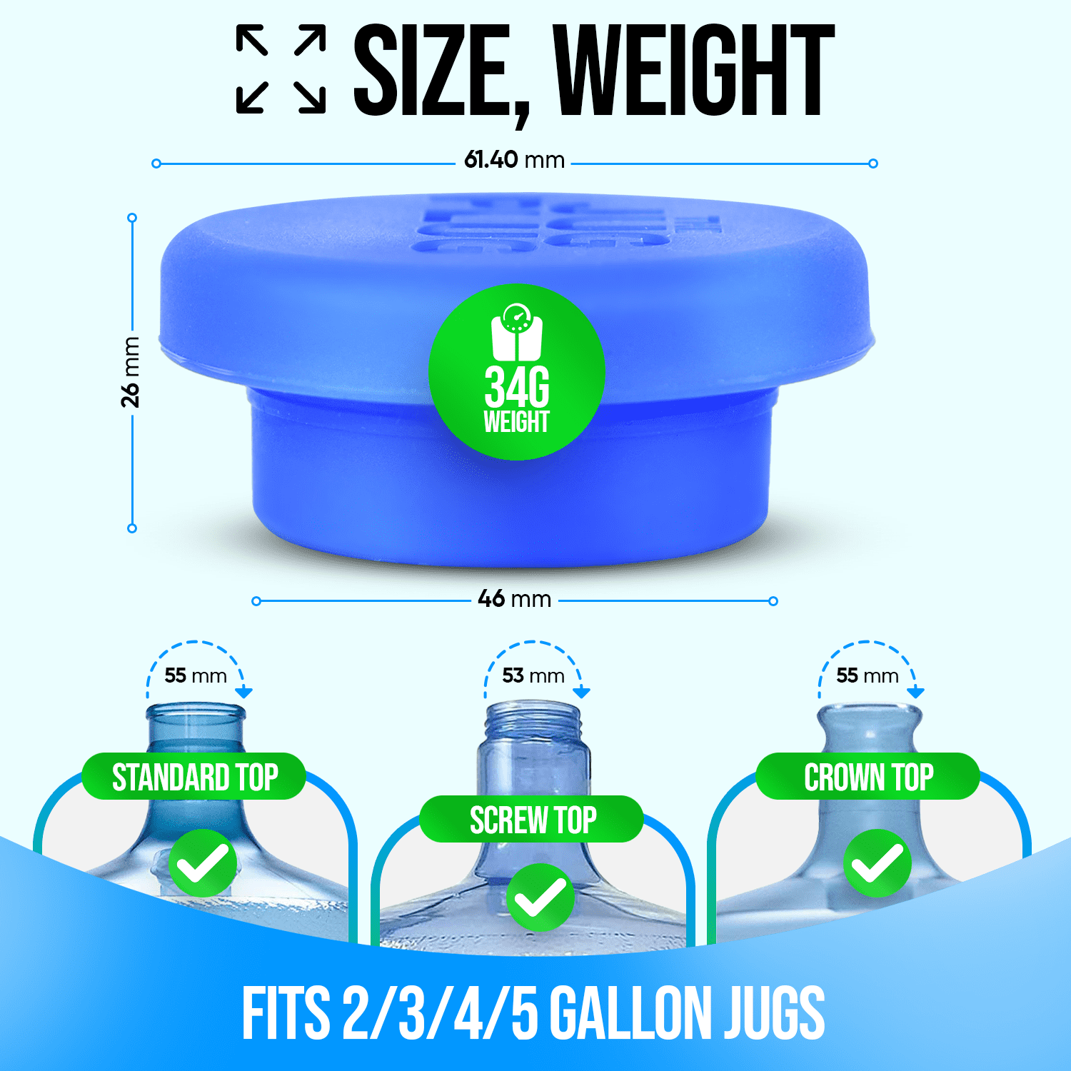 The Jug Plug - 5 Gallon Water Jug Reusable Replacement Cap - Silicone No Spill Top Lid Cover fits 55mm Bottles - Pack of 3