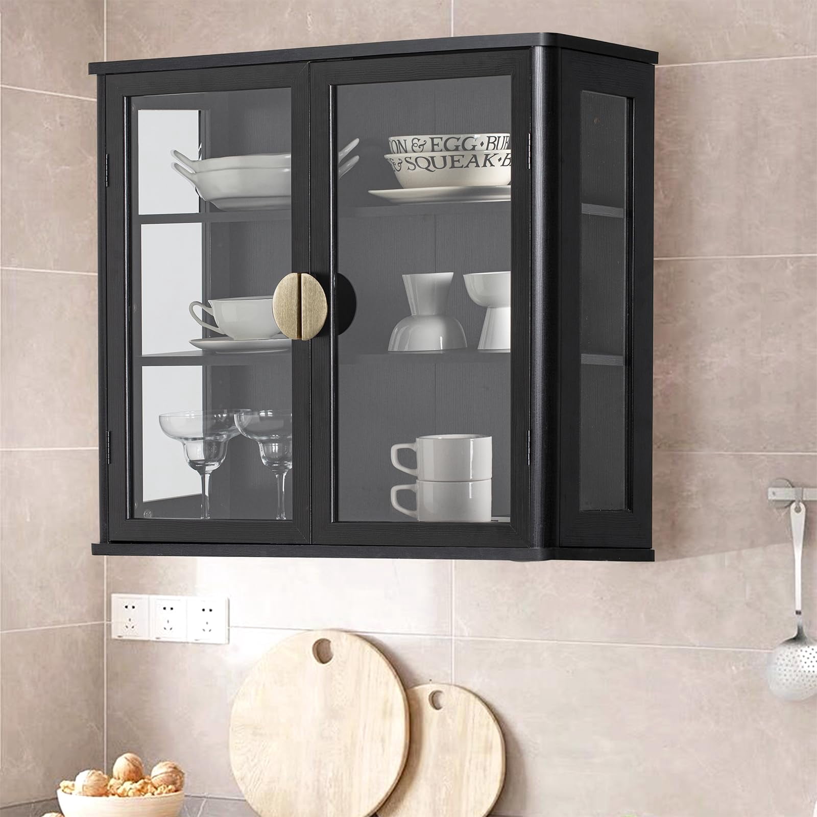 POLIHOME Display Wall Cabinet with Tempered Glass Doors，Storage Cabinet with Adjustable Shelves