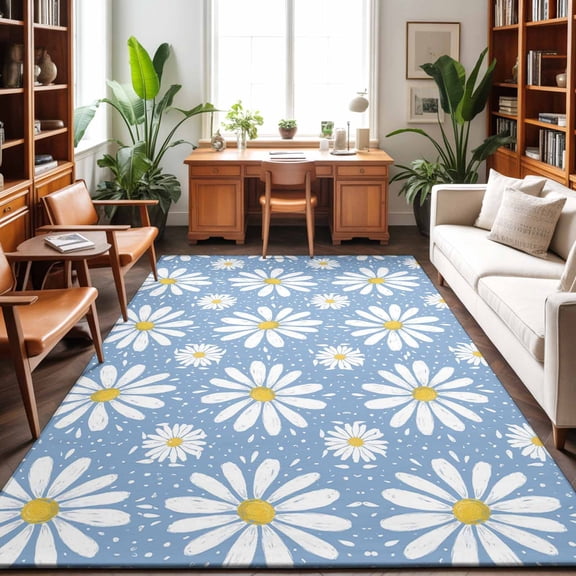 Large Area Rugs 6'x9', Blue Daisy Carpet Runner Indoor Outdoor Rugs Home Decor Aesthetic, Spring Floral Elegant Pastoral Botanical Non Slip Mats Washable Accent Rug for Living Room Bedroom