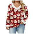 thumbnail image 4 of zaveiop Woman Christmas Sweater Faux Fur Trim V Neck Sweatshirts Xmas Christmas Snowman Print Women's Shirts Winter Warm Plus Size Pullover Tops Shirts (Z2-Watermelon Red, M), 4 of 8