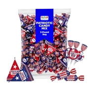 PartyWorks Patriotic Candy Assortment, Independence Day, July 4th - Chocolate Caramels, Lollipops, Popping Rocks Pouches - 3-Pound Pack