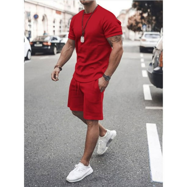 Verano manga corta pantalones cortos traje deportivo casual traje ropa de hombre MABOTO Rojo M