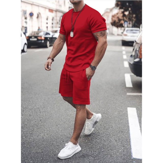 Verano manga corta pantalones cortos traje deportivo casual traje ropa de hombre Irfora Rojo 3XL