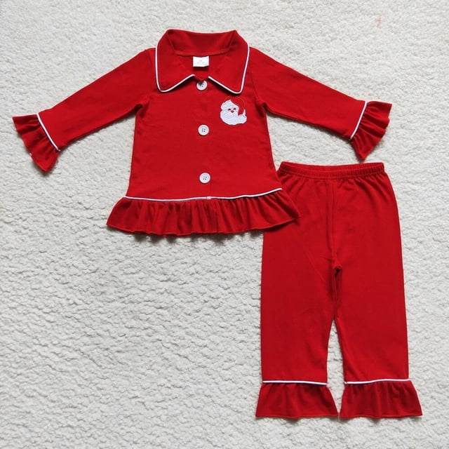 Conjunto de ropa de dormir con bordado de Papá Noel para niños, conjunto de manga larga, pantalones a rayas, pijamas para niños pequeños, venta al por mayor