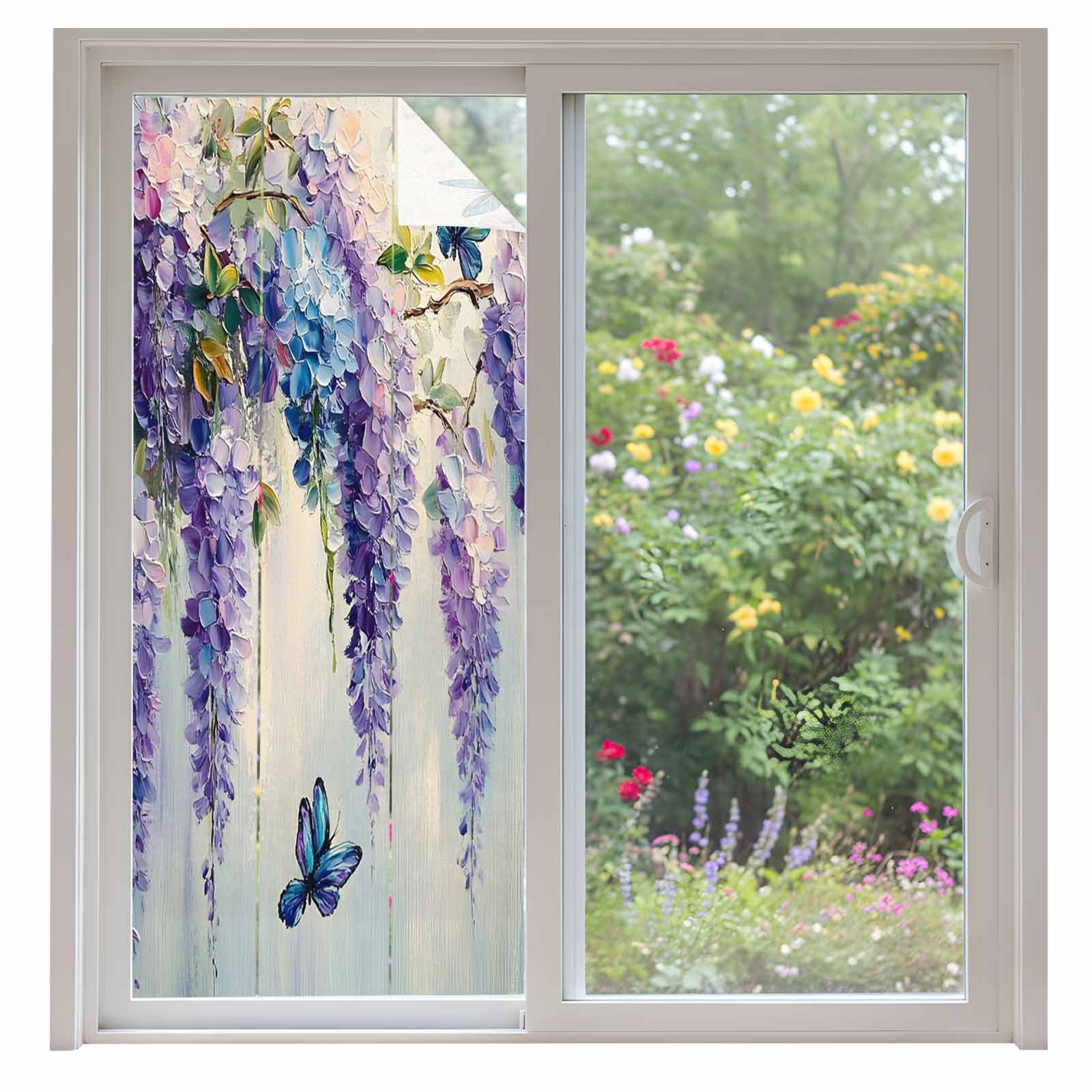 Purple Lavender Window Privacy Film, Butterfly Flower Abstract Brush Artwork Static Cling UV Sun Blocking Tint Film Heat Control Windows Films for Bedroom Bathroom, Window Stickers 35.4"x78.7"