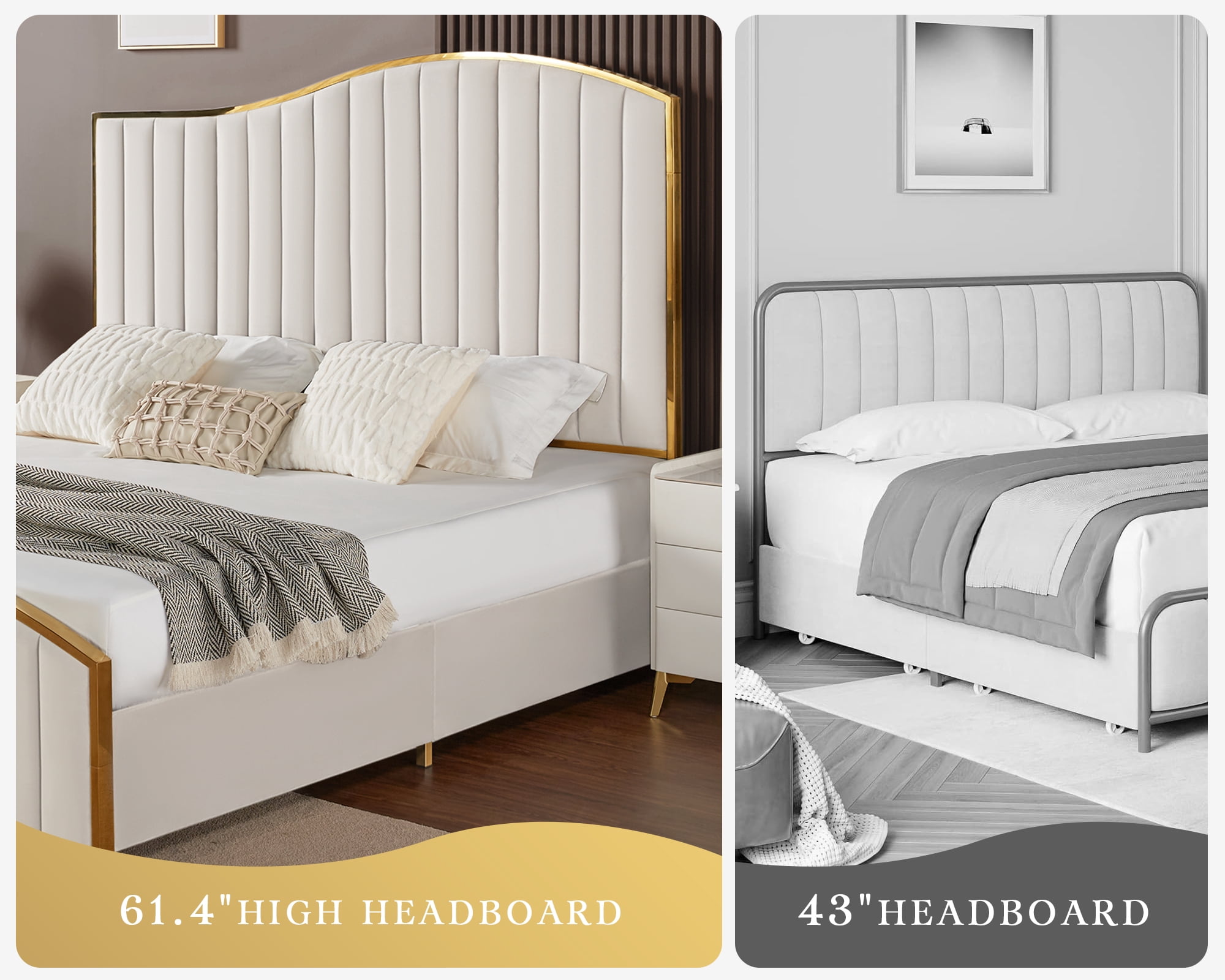 VanAcc King Size Platform Bed Frame 61.4" Vertical Channel Gold Trim Headboard & Footboard Cream